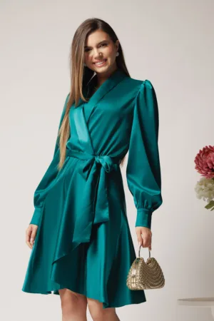 Rochie DY Fashion eleganta din satin verde cu croi petrecut si cordon in talie