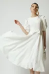 Rochie DY Fashion eleganta din stofa alba cu funda in talie