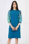Rochie DY Fashion eleganta din stofa turcoaz cu maneci din voal cu print albastru