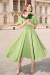 Rochie DY Fashion eleganta din stofa verde fistic cu funda in talie