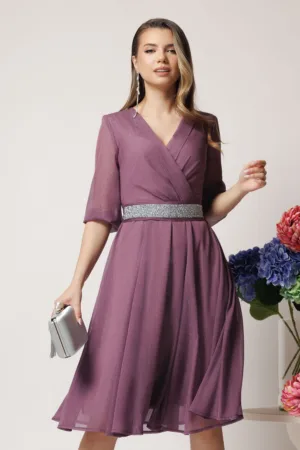 Rochie DY Fashion eleganta din voal lila cu fir stralucitor si cordon