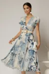 Rochie DY Fashion eleganta din voal satinat cu imprimeuri albastre