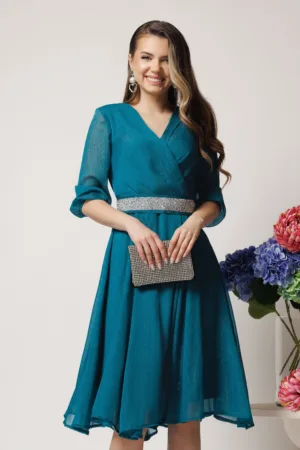 Rochie DY Fashion eleganta din voal turcoaz cu fir stralucitor si cordon