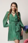 Rochie DY Fashion eleganta din voal verde cu fir lurex si cordon in talie