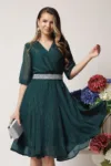 Rochie DY Fashion eleganta din voal verde inchis cu fir stralucitor si cordon