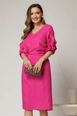 Rochie DY Fashion fucsia cu adaos de viscoza cu croi drept si maneci bufante
