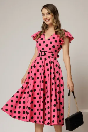 Rochie DY Fashion fucsia cu buline si curea in talie