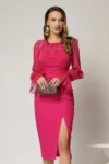 Rochie DY Fashion magenta cu maneci lungi din voal cu croi mulat