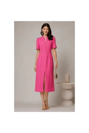 Rochie DY Fashion fucsia de zi de vara cu maneci scurte si nasturi la bust