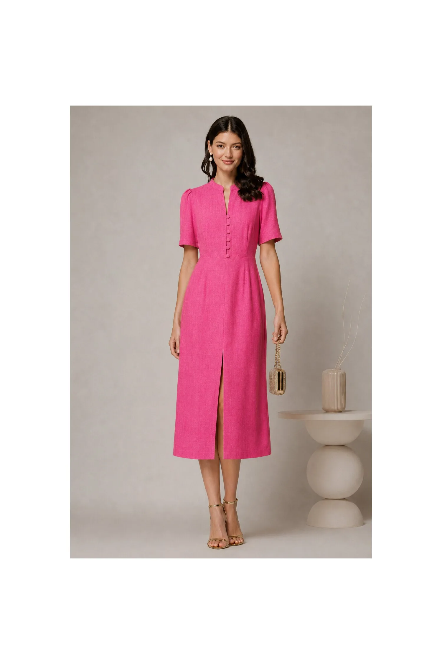 Rochie DY Fashion fucsia de zi de vara cu maneci scurte si nasturi la bust