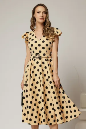 Rochie DY Fashion galben pai cu buline si curea in talie