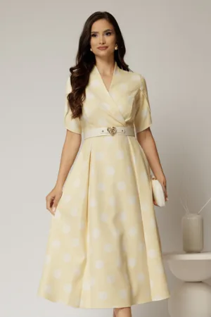 Rochie DY Fashion galbena cu buline cu decolteu si maneci petrecute