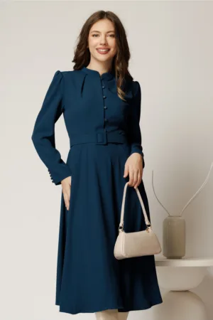 Rochie DY Fashion indiggo din triplu voal cu nasturi pe bust si curea in talie