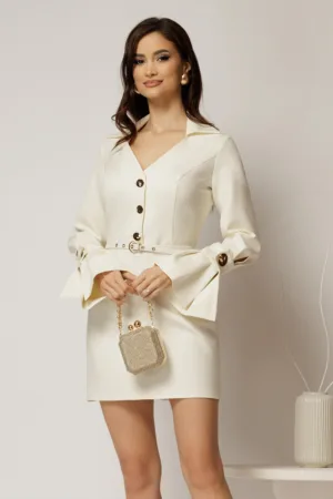 Rochie DY Fashion ivoar cu maneci evazate si decolteu cu guler