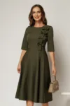 Rochie DY Fashion kaki cu funde pe bust si maneci trei sferturi