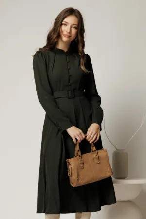 Rochie DY Fashion kaki din triplu voal cu nasturi pe bust si curea in talie