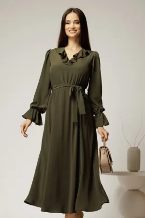 Rochie DY Fashion kaki din voal plin cu decolteu in V si volanase