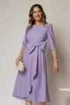 Rochie DY Fashion lila cu funda ampla in talie decolteu rotund maneci trei sferturi