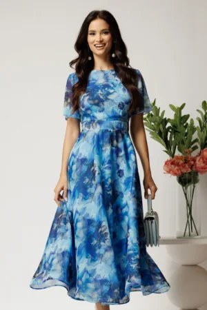 Rochie DY Fashion lunga albastra cu imprimeu floral din voal in croi clos