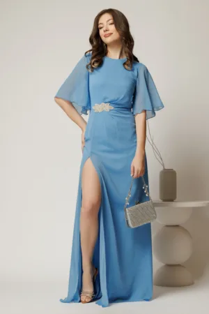 Rochie DY Fashion lunga bleu de seara din voal cu aplicatie pe talie