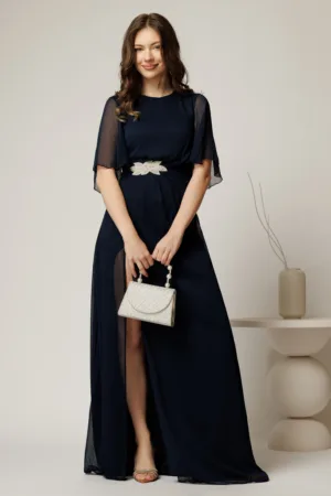 Rochie DY Fashion lunga bleumarin de seara din voal cu aplicatie pe talie