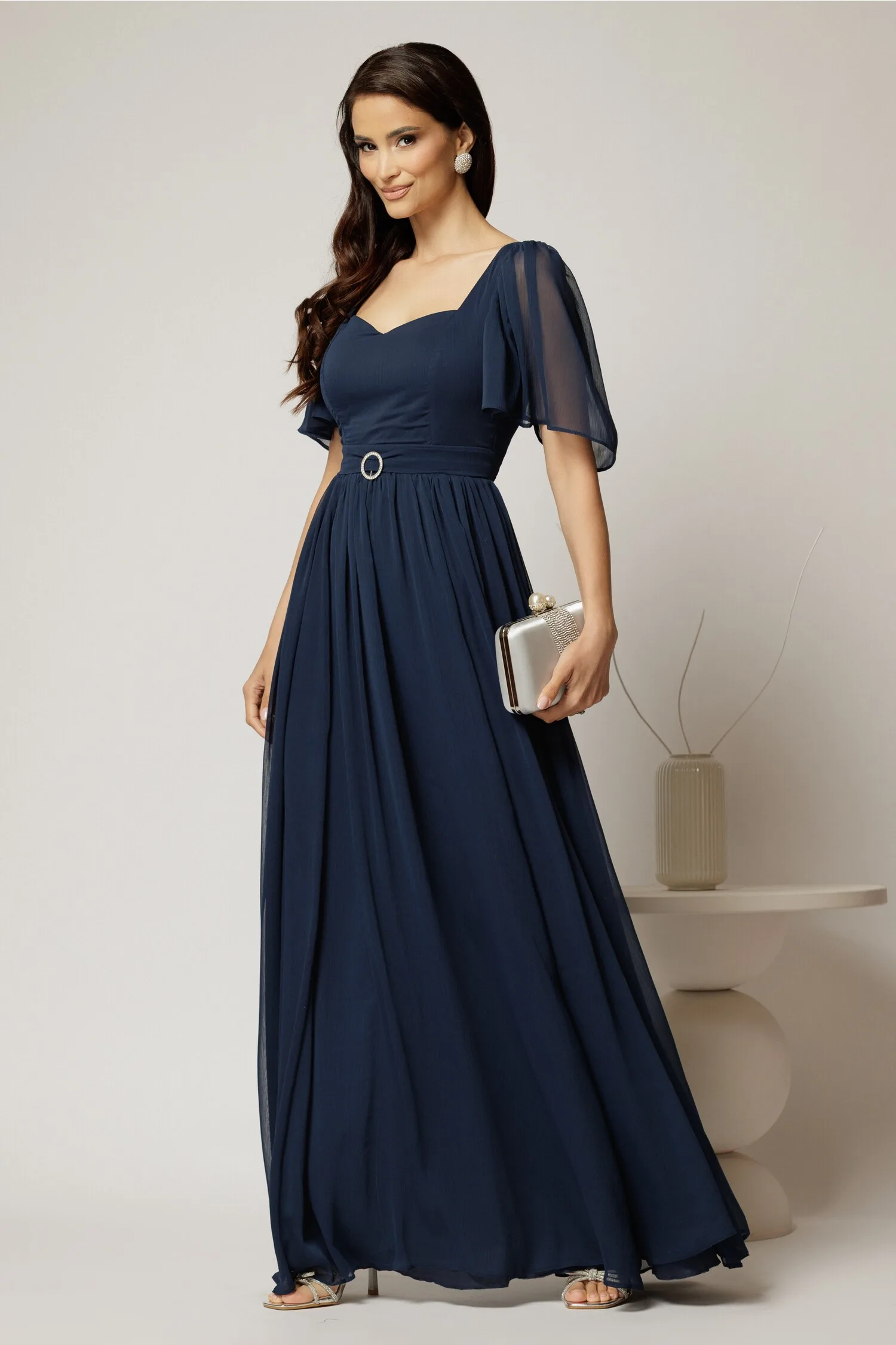Rochie DY Fashion lunga bleumarin de seara din voal cu decolteu inima
