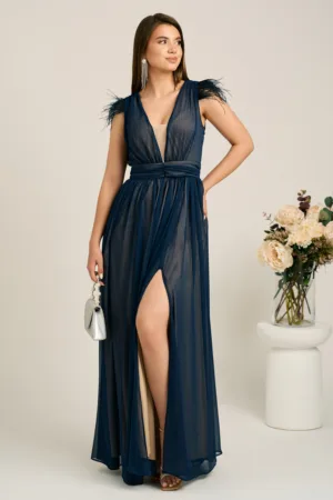 Rochie DY Fashion lunga bleumarin din voal in clos cu pene la umeri