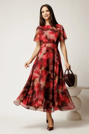 Rochie DY Fashion lunga bordo cu imprimeu din voal in croi clos