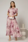 Rochie DY Fashion lunga cu imprimeu roz din voal creponat cu rijelina