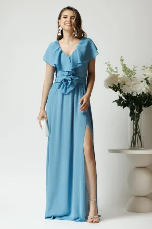 Rochie DY Fashion lunga eleganta din voal bleu cu floare in talie si volan la bust