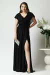 Rochie DY Fashion lunga eleganta din voal neagra cu floare in talie si volan la bust