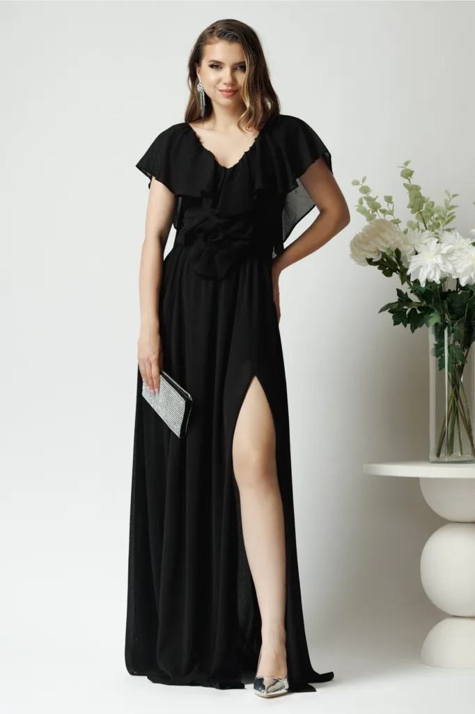 Rochie DY Fashion Lunga Eleganta Din Voal Neagra Cu Floare In Talie Si rochie-dy-fashion-lunga-eleganta-din-voal-neagra-cu-floare-in-talie-si