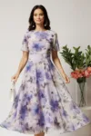 Rochie DY Fashion lunga lila cu imprimeu floral din voal in croi clos