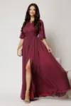 Rochie DY Fashion lunga magenta din voal in clos cu crapatura pe picior