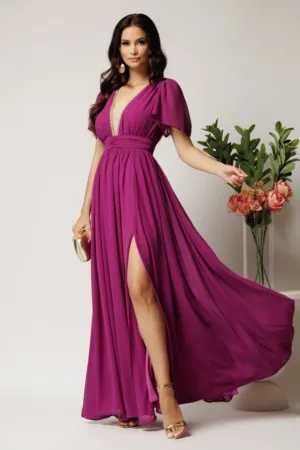 Rochie DY Fashion lunga magenta din voal in clos cu strasuri si tull la decolteu