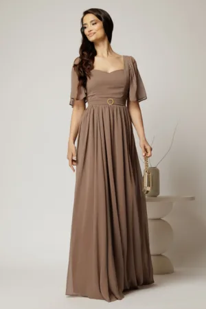 Rochie DY Fashion lunga maro de seara din voal cu decolteu inima