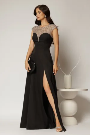 Rochie DY Fashion lunga neagra de seara cu aplicatii la bust