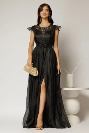 Rochie DY Fashion lunga neagra de seara din voal creponat si funda in talie