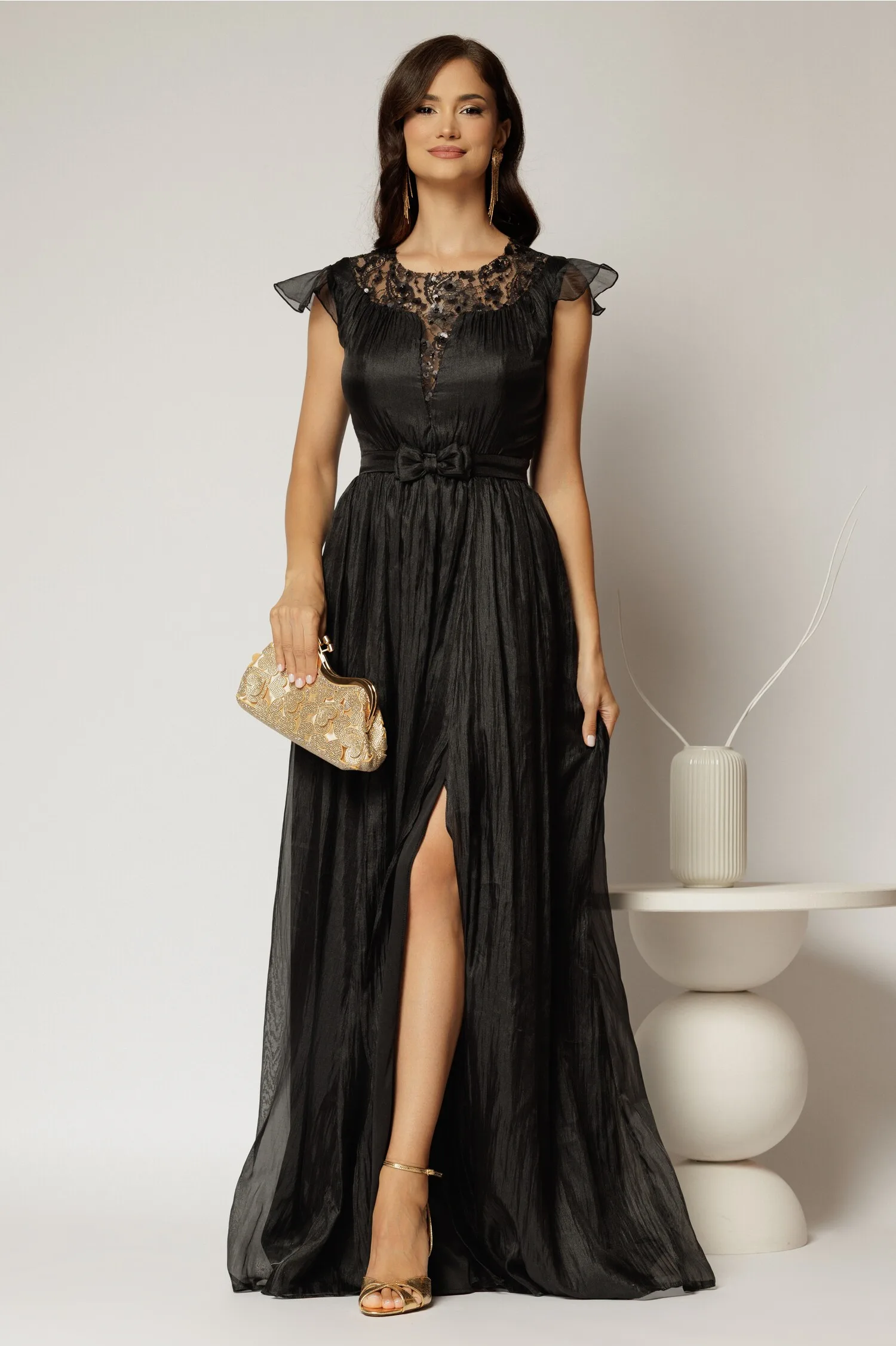 Rochie DY Fashion lunga neagra de seara din voal creponat si funda in talie