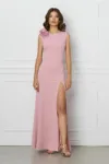 Rochie DY Fashion lunga roz cu floare la umar