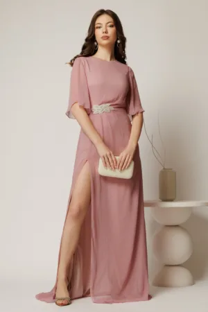 Rochie DY Fashion lunga roz de seara din voal cu aplicatie pe talie