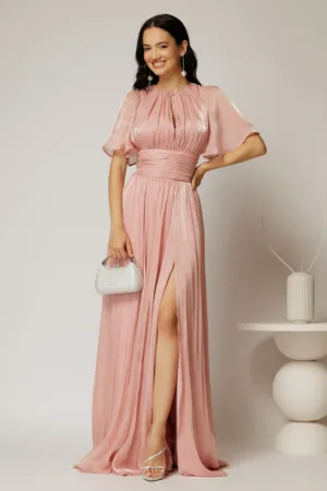 Rochie DY Fashion lunga roz de seara din voal peliculizat