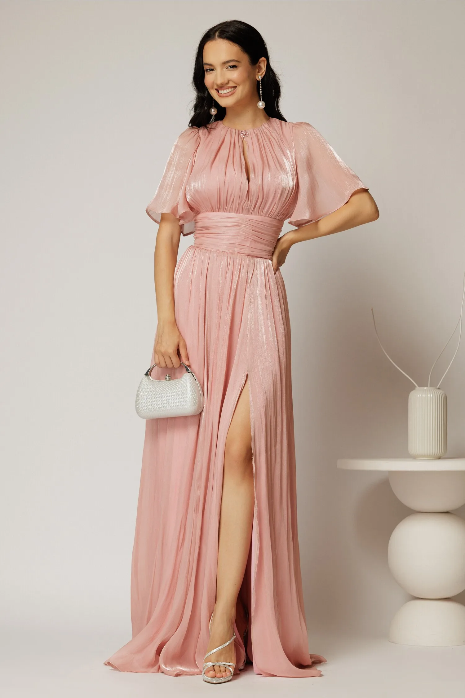 Rochie DY Fashion lunga roz de seara din voal peliculizat