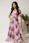 Rochie DY Fashion lunga roz pudrat cu imprimeu floral mov din voal in croi clos
