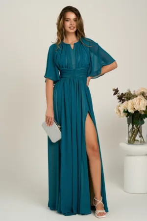 Rochie DY Fashion lunga verde din voal in clos cu crapatura pe picior