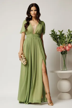 Rochie DY Fashion lunga verde fistic din voal in clos cu strasuri si tull la decolteu