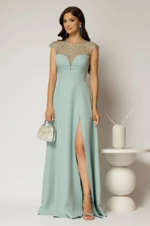 Rochie DY Fashion lunga verde mint de seara cu aplicatii la bust