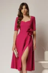 Rochie DY Fashion magenta cu decolteu inima si detaliu floral in talie