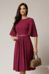 Rochie DY Fashion magenta din crep cu pliuri pe fusta si banda in talie