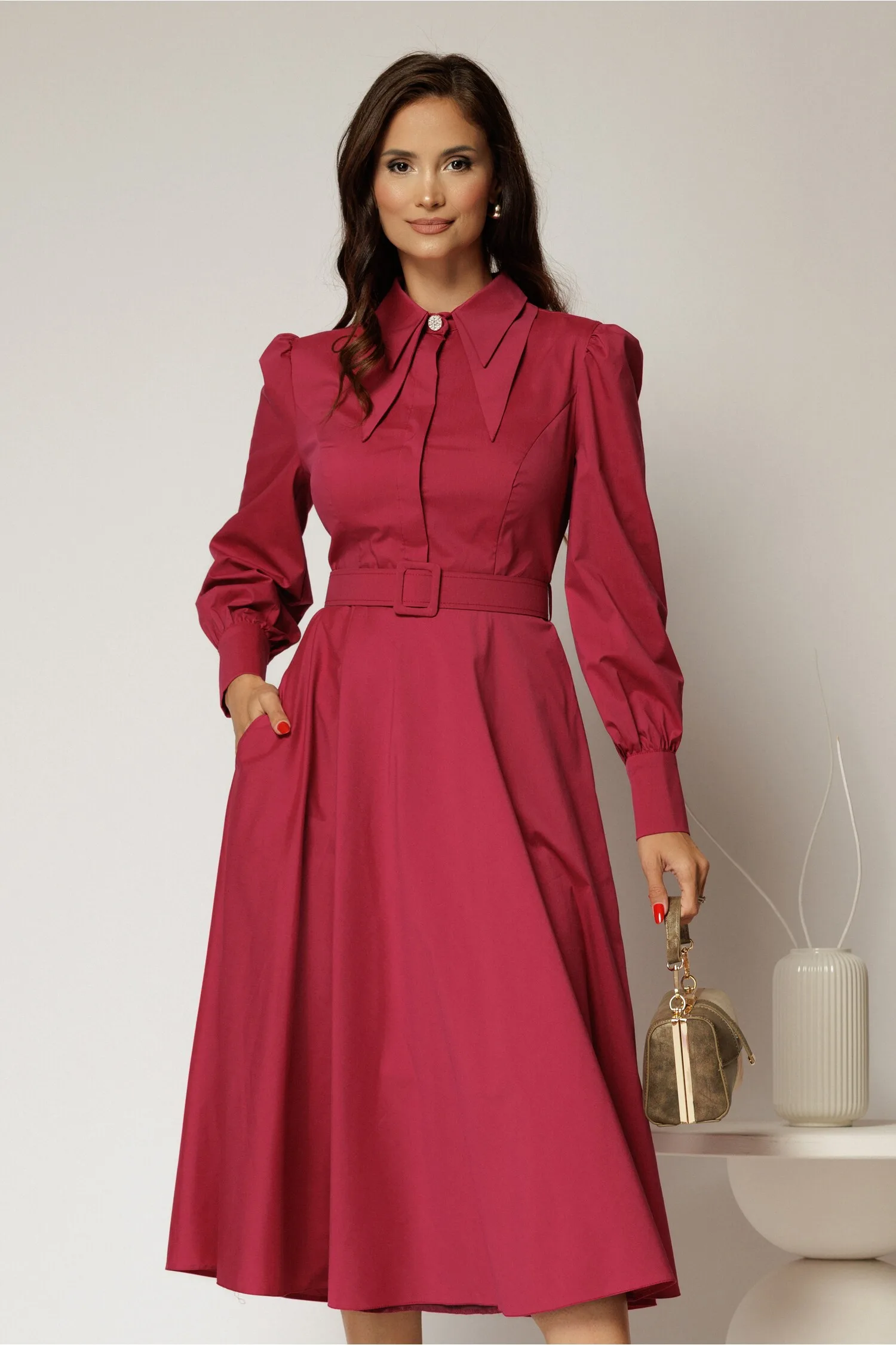 Rochie DY Fashion magenta din poplin cu guler dublu si curea in talie
